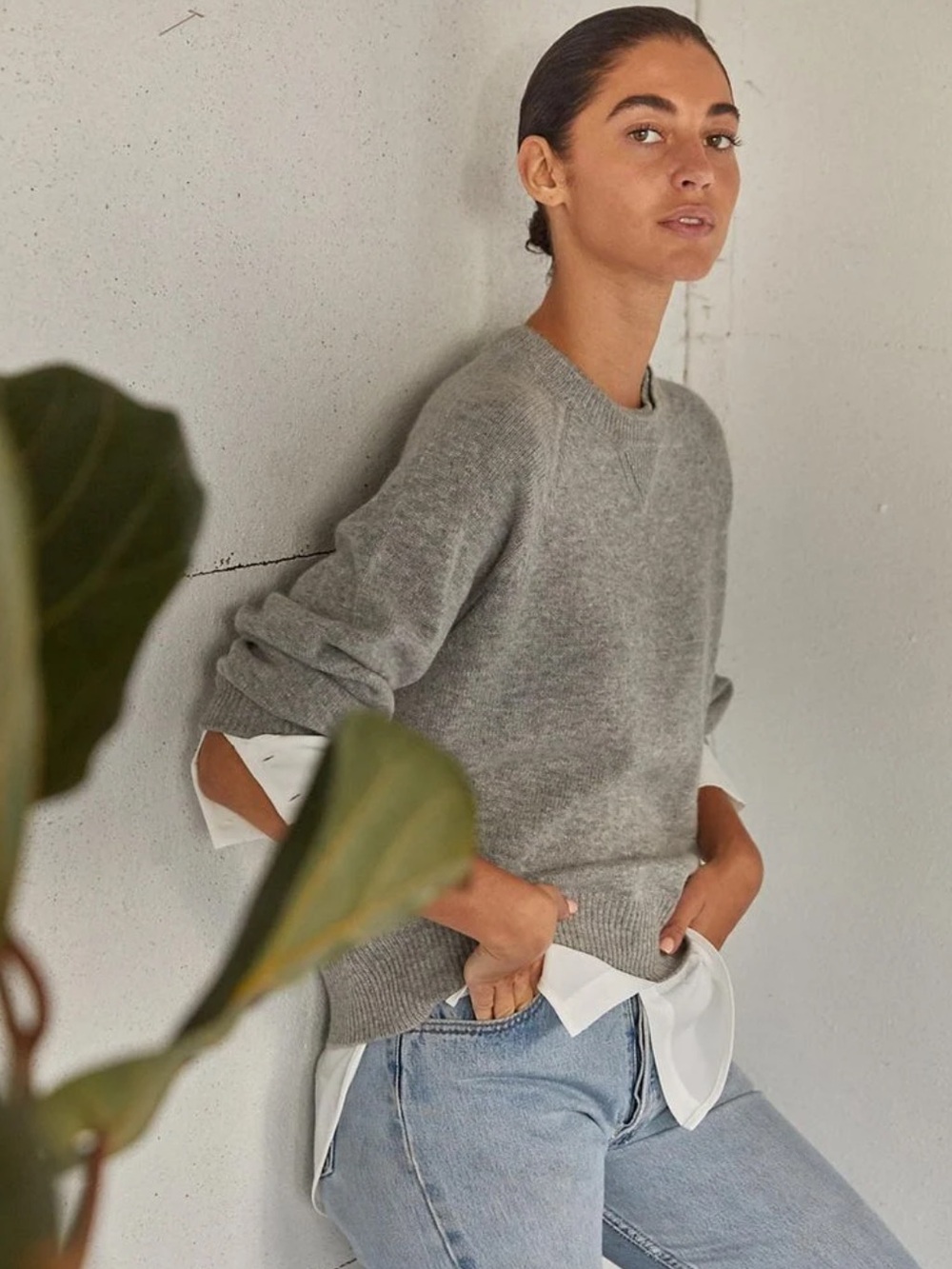 Brochu Walker Gray Layered Crewneck Sweater with White Underlay
